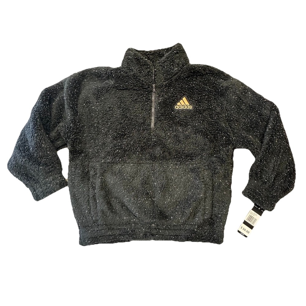 Adidas Girls Long Sleeve Mock Neck Furry Lurex Pullover Sweatshirt Size 14 BLACK